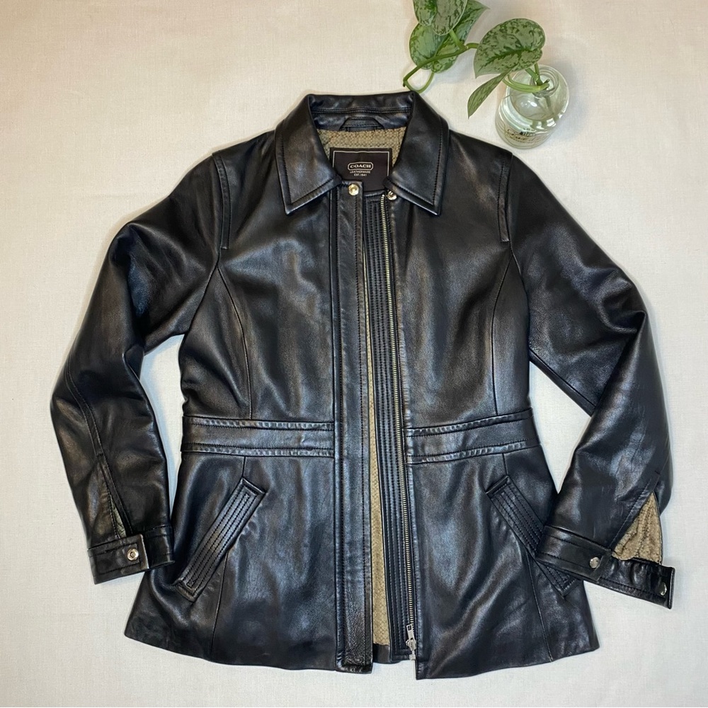 Vintage 90s Coach Black Leather Moto Bomber Blazer Jacket Size Small